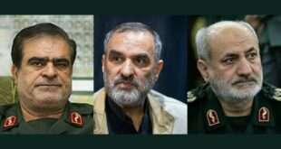 (از راست به چپ) «محمد کاظمی» رئیس اطلاعات سپاه، «حسن محقق» جانشین او، و «محسن باقری» نمایندهٔ خامنه‌ای که همگی ۲۵ خردادماه توسط اسرائیل کشته شدند.