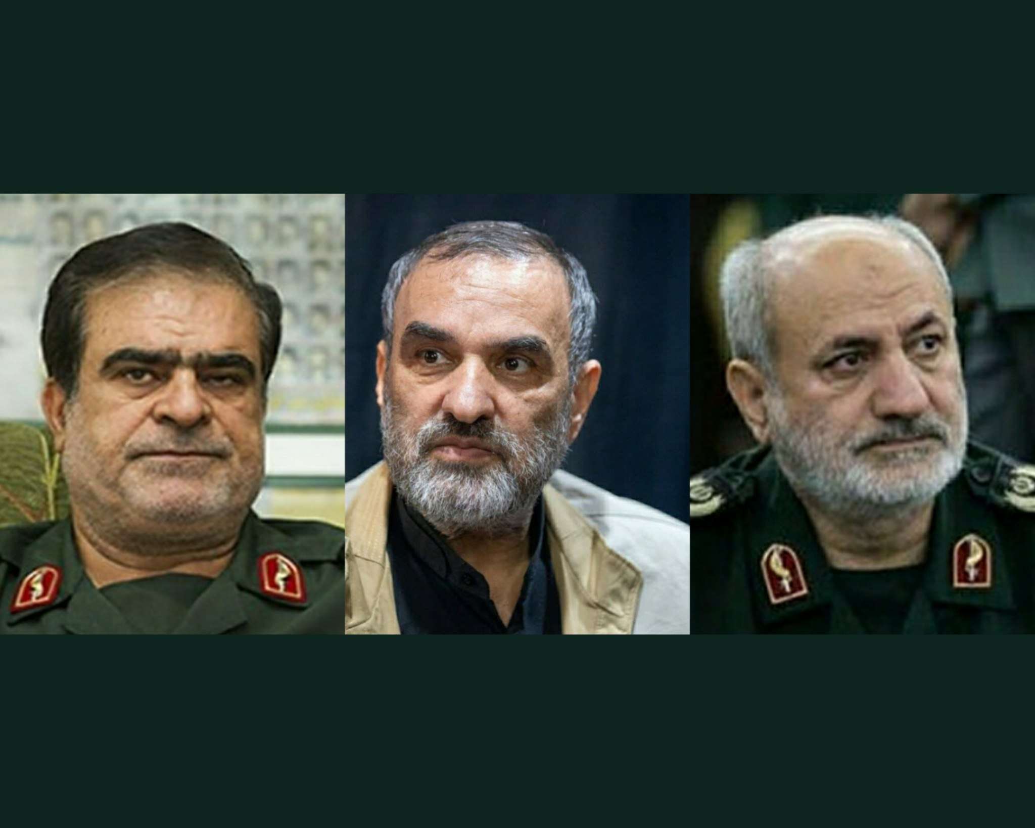 (از راست به چپ) «محمد کاظمی» رئیس اطلاعات سپاه، «حسن محقق» جانشین او، و «محسن باقری» نمایندهٔ خامنه‌ای که همگی ۲۵ خردادماه توسط اسرائیل کشته شدند.